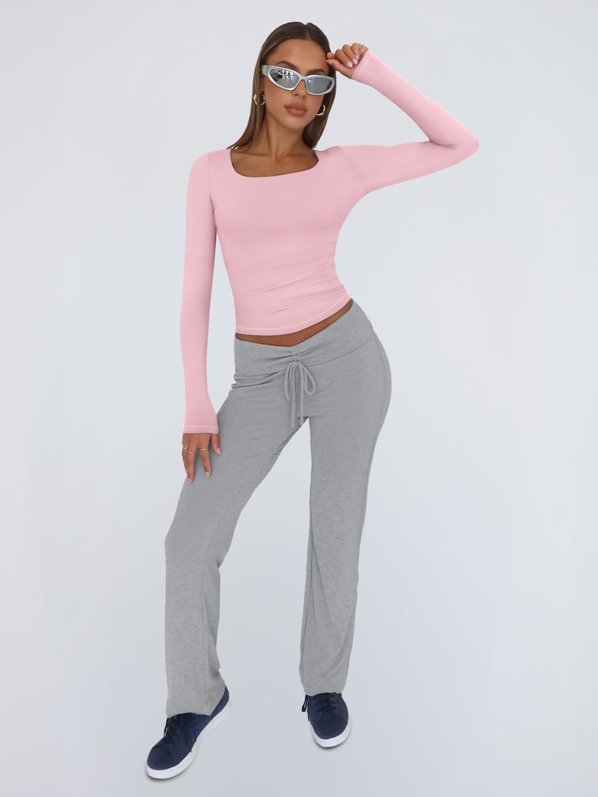 Trendy Queen Womens Long Sleeve Shirts Crop Tops Basic Tight Slim Fit Y2K T Shirts Winter Clothes 2024 Pink S