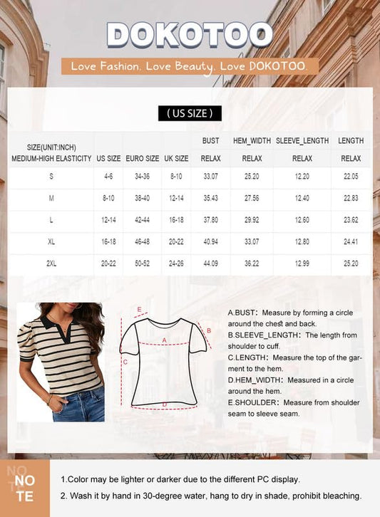 Dokotoo Womens Fashion Tops Trendy Sweater Polo Shirts V Neck Blouses Work Clothes 2025 Business Casual Outfits for Women Striped Tops Summer Outfits Cute Tops Old Money Clothes Apricot Stripe M