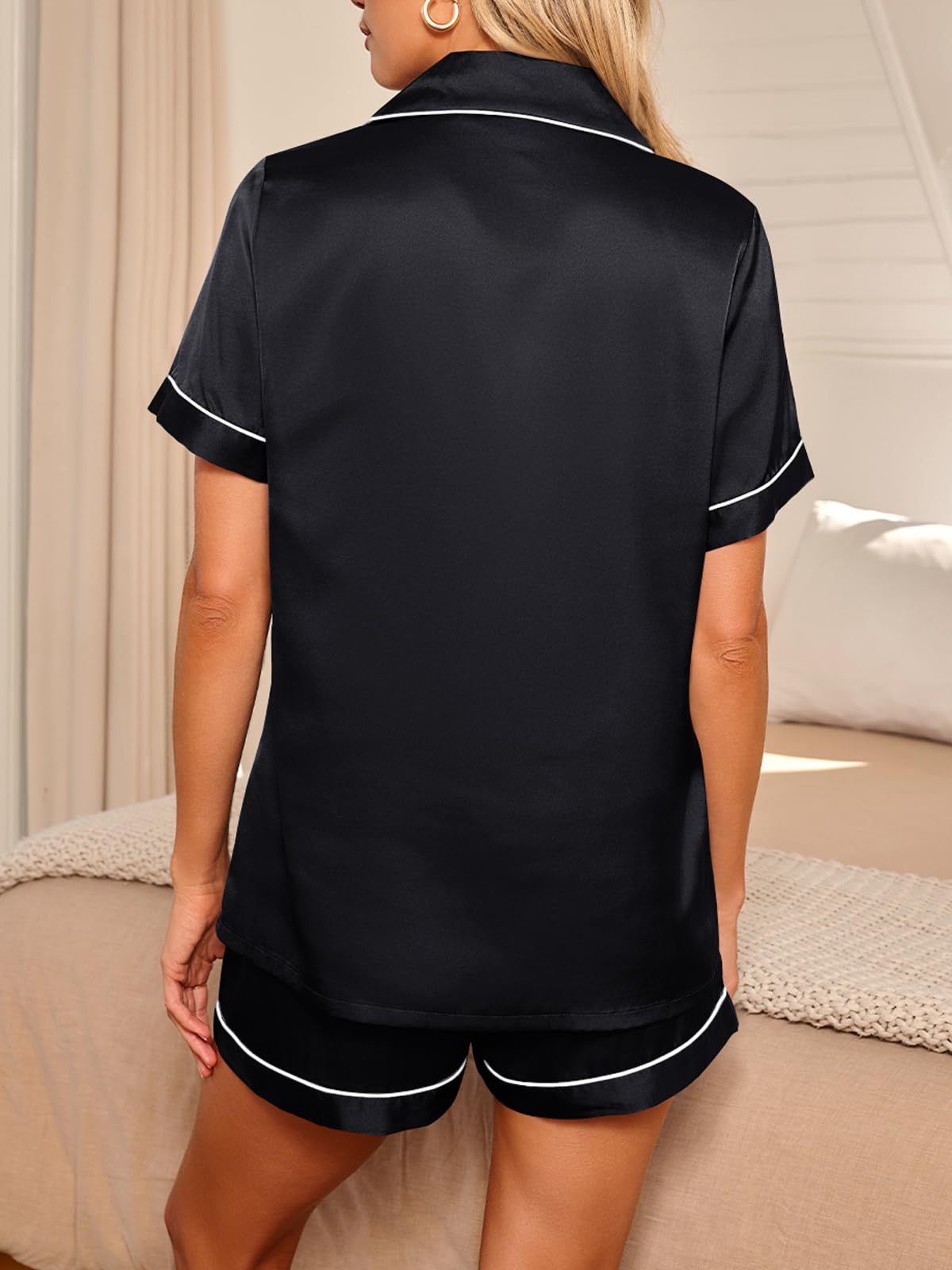 LILLUSORY Polyester Satin Pajama Set for Women 2 Piece Lounge Pjs Shorts Matching Summer Sleepwear Button Down Shirt Shorts Black S