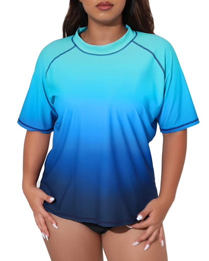 Halcurt Women's Plus Size Short Sleeve Rash Guard Swim Shirts Top Only Loose Fit Swim Tee UPF50+ Swimsuit Ombre Blue 1X