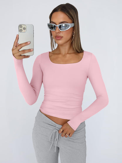 Trendy Queen Womens Long Sleeve Shirts Crop Tops Basic Tight Slim Fit Y2K T Shirts Winter Clothes 2024 Pink S