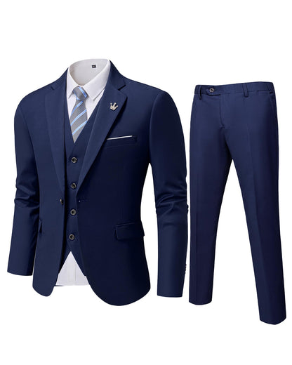 MY'S Men's 3 Piece Slim Fit Suit Set, One Button Solid Jacket Vest Pants with Tie Deep Blue