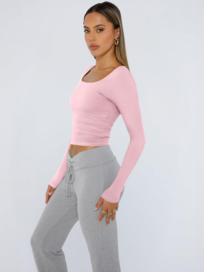 Trendy Queen Womens Long Sleeve Shirts Crop Tops Basic Tight Slim Fit Y2K T Shirts Winter Clothes 2024 Pink S