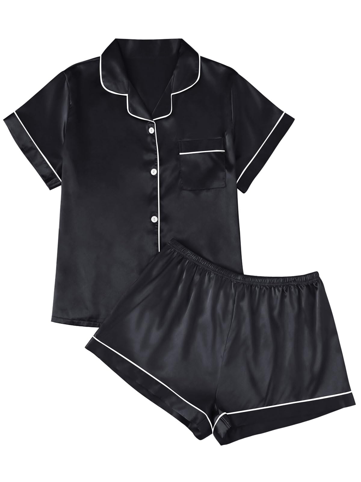 LILLUSORY Polyester Satin Pajama Set for Women 2 Piece Lounge Pjs Shorts Matching Summer Sleepwear Button Down Shirt Shorts Black S