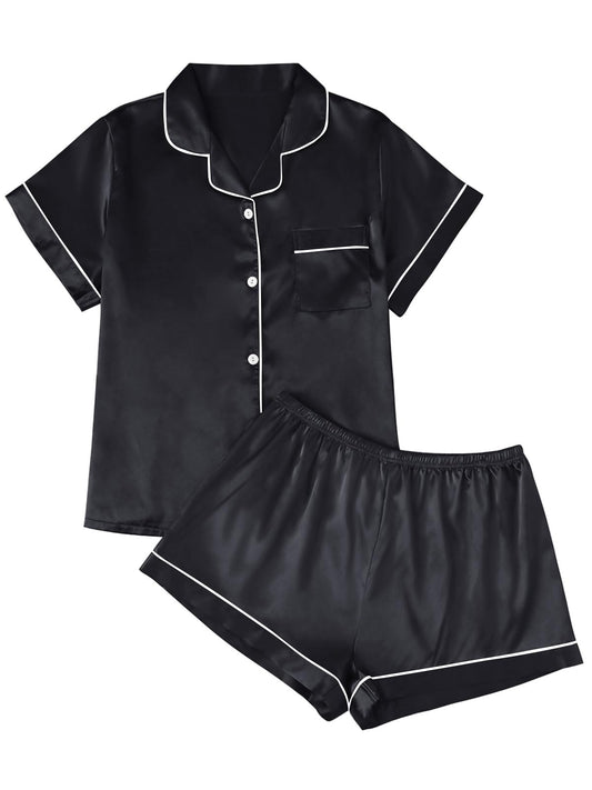 LILLUSORY Polyester Satin Pajama Set for Women 2 Piece Lounge Pjs Shorts Matching Summer Sleepwear Button Down Shirt Shorts Black S