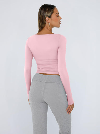 Trendy Queen Womens Long Sleeve Shirts Crop Tops Basic Tight Slim Fit Y2K T Shirts Winter Clothes 2024 Pink S