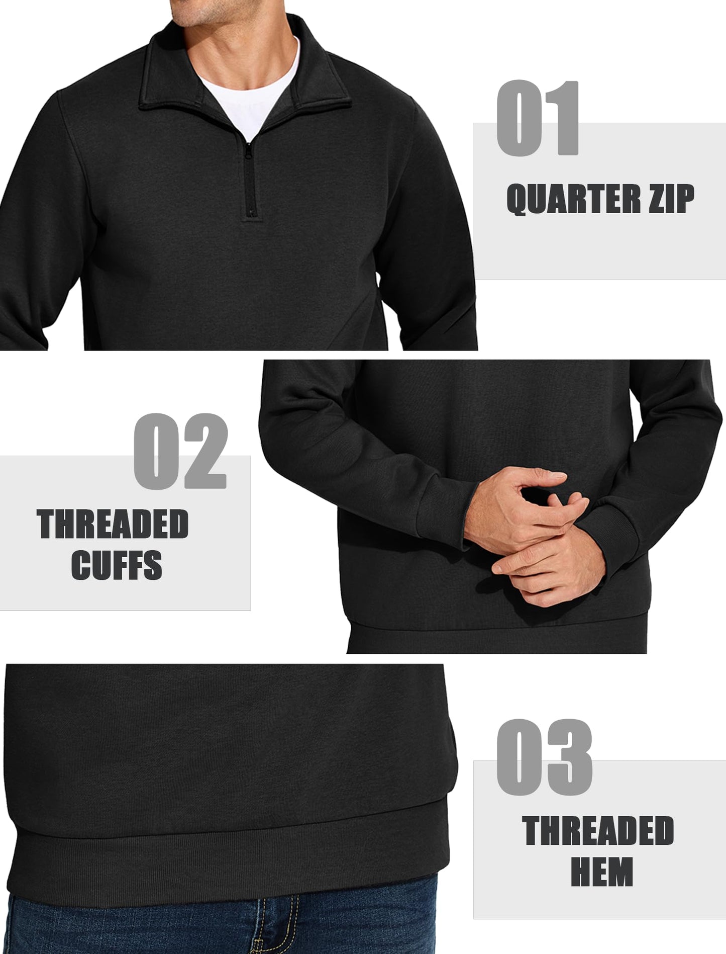 PINSPARK Men's Quarter Zip Fleece Cotton Pullover Sweatshirts Mock Neck Casual Long Sleeve Fall Winter Warm Sweatshirt Black