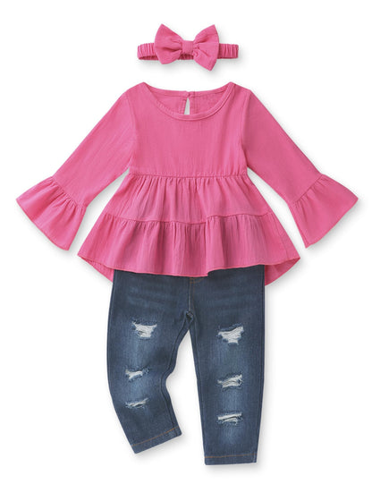 FoWear Toddler Girl Clothes Long Sleeve Ruffle Dress Top and Jeans Pants Toddler Girl Fall Outfits 4T Girl Clothes