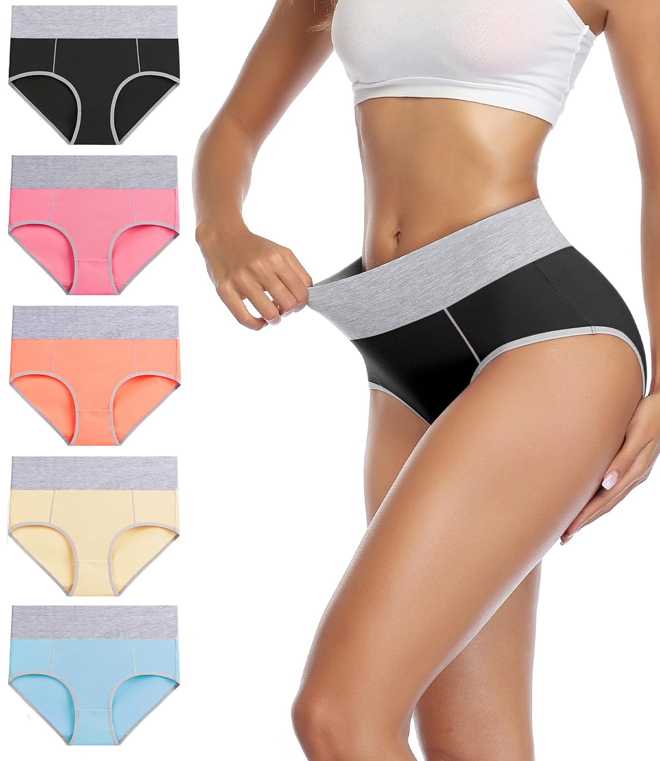 wirarpa Women's Cotton Underwear High Waist Briefs Ladies Soft Breathable Panties Full Coverage Underpants 5 Pack Large