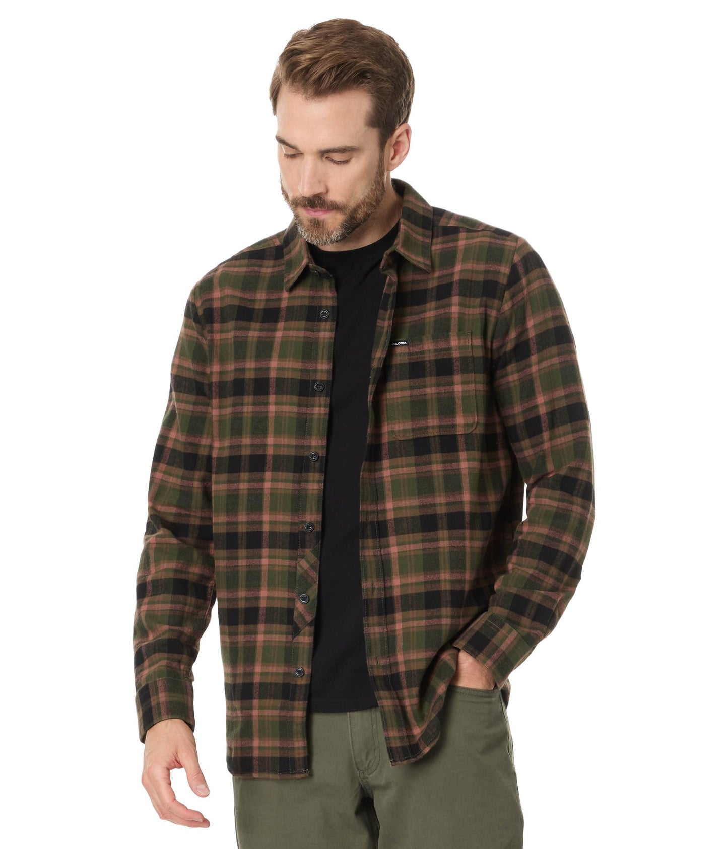 Volcom Men's Caden Plaid Long Sleeve Flannel Shirt, Squadron Green 424