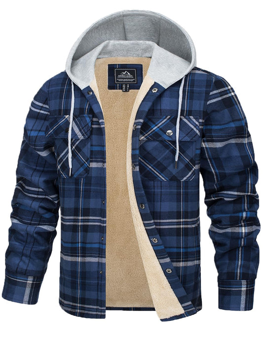 TACVASEN Plaid Shirts Jacket for Men with Hood Button Down Long Sleeve Mens Plaid Shirts Jacket with Hood Flap Pocket Shacket