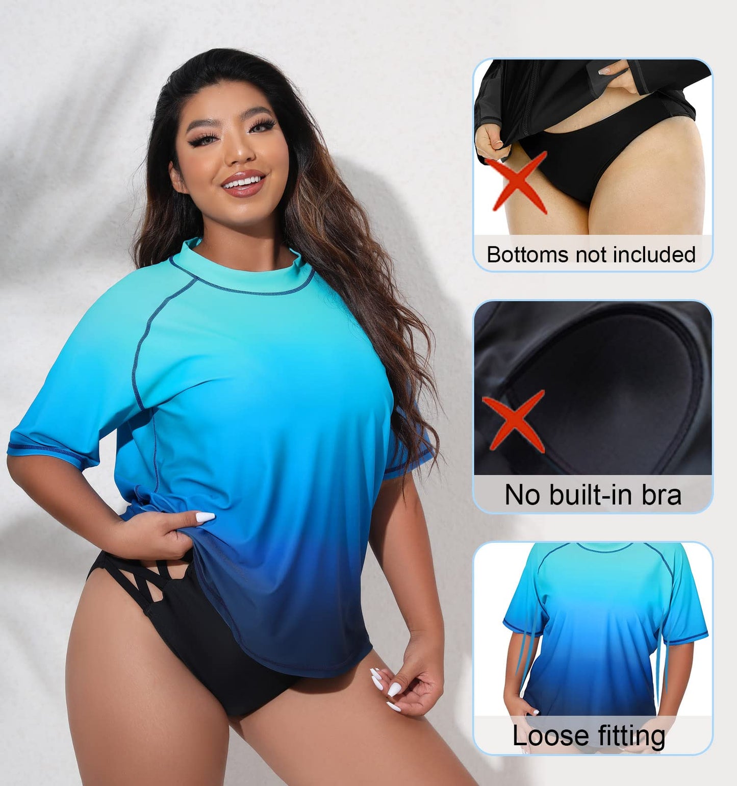 Halcurt Women's Plus Size Short Sleeve Rash Guard Swim Shirts Top Only Loose Fit Swim Tee UPF50+ Swimsuit Ombre Blue 1X