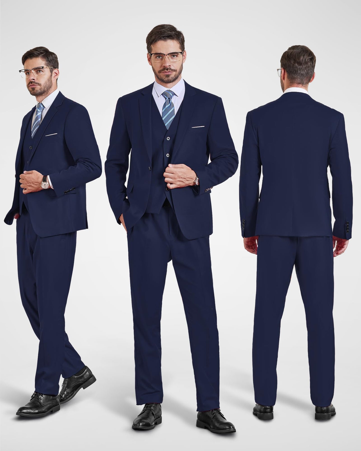 MY'S Men's 3 Piece Slim Fit Suit Set, One Button Solid Jacket Vest Pants with Tie Deep Blue