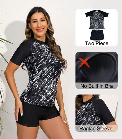 Halcurt Womens Swim Board Shorts Short Sleeve Rash Guard Set Black Printed L