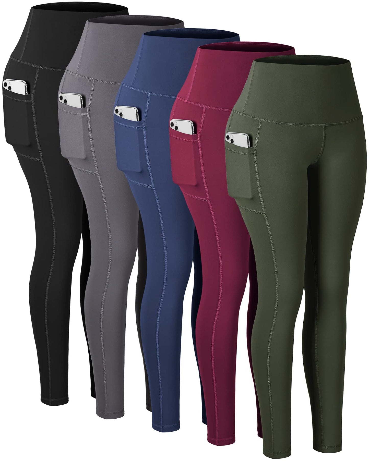 CHRLEISURE Leggings with Pockets for Women, High Waisted Tummy Control Workout Yoga Pants(5 Packs Black,Gray,Navy,Wine,JLGreen, L)