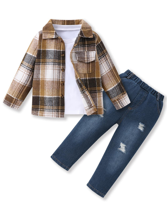 FoWear Toddler Boy Clothes 3Pcs Long Sleeve Flannel Button Down Plaid Shirt+White T-shirt+Pants 5T Boy Clothes Fall/Winter