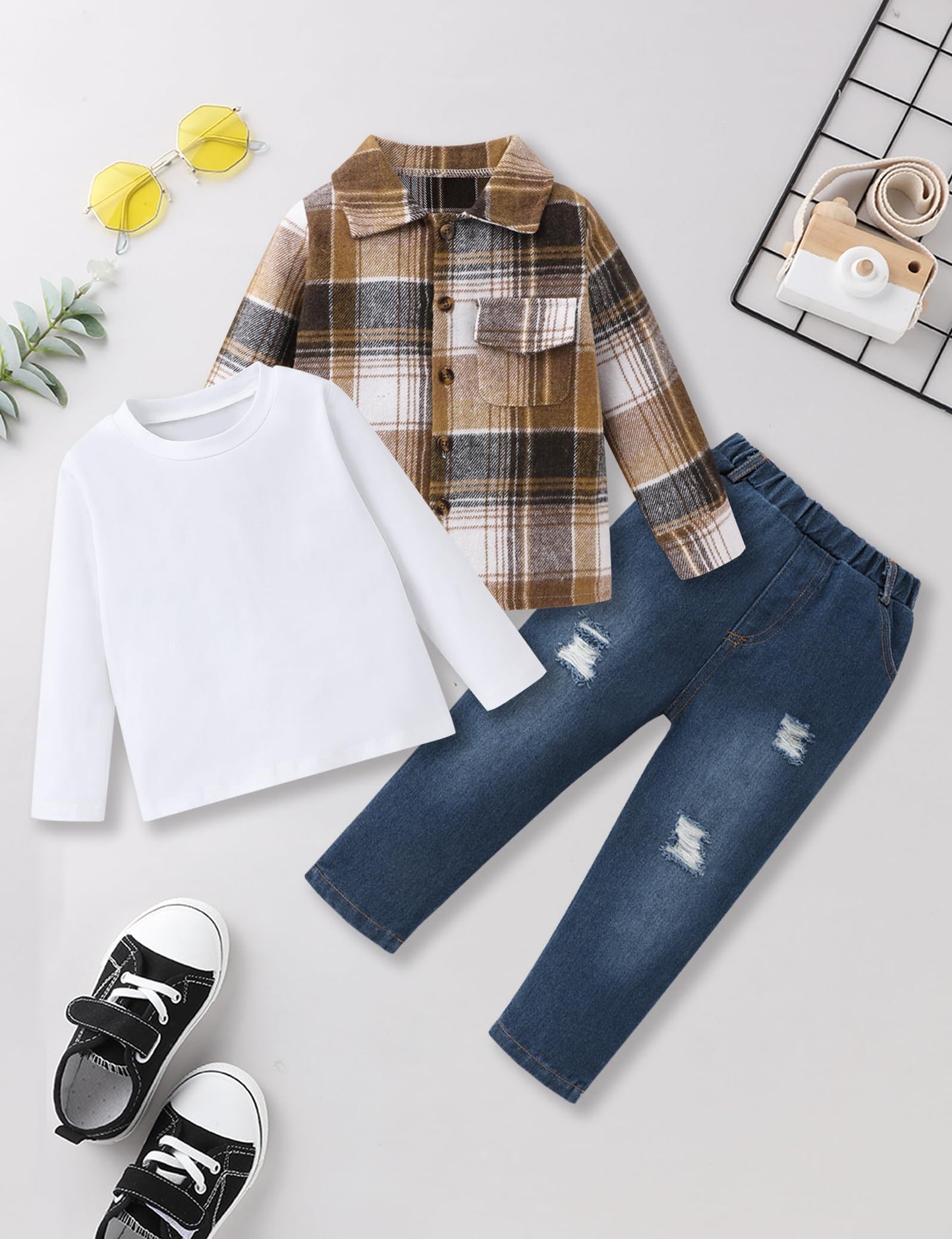 FoWear Toddler Boy Clothes 3Pcs Long Sleeve Flannel Button Down Plaid Shirt+White T-shirt+Pants 5T Boy Clothes Fall/Winter