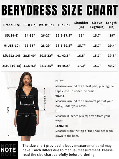 Berydress Women's Elegant Draped V Neck Knee Length Sheath Wedding Party Night Out Work Black Wrap Dress with 3/4 Sleeves (L, 6083-Black)