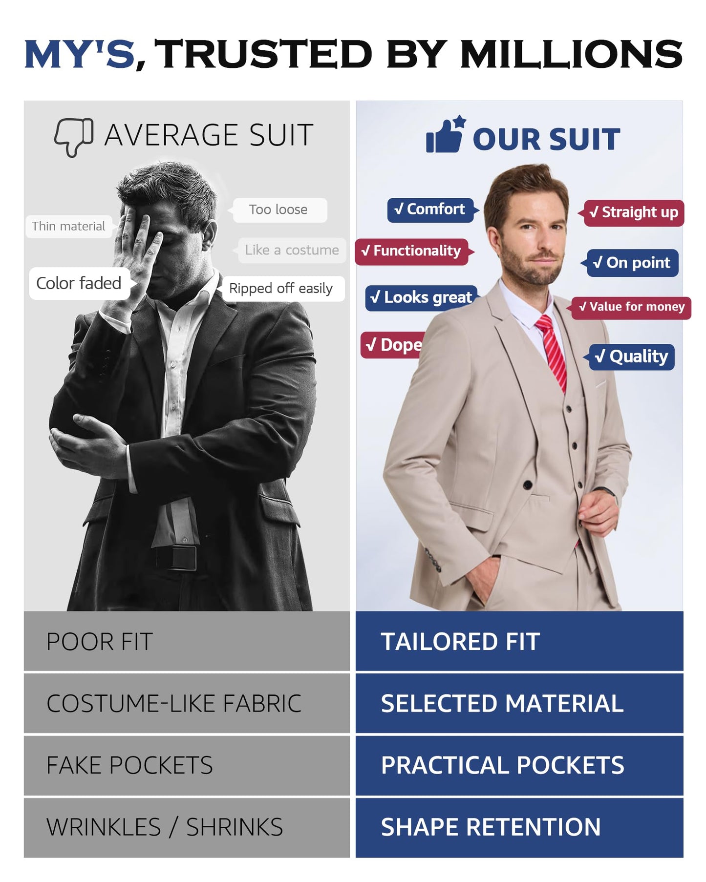 MY'S Men's 3 Piece Slim Fit Suit Set, One Button Solid Jacket Vest Pants with Tie Deep Blue