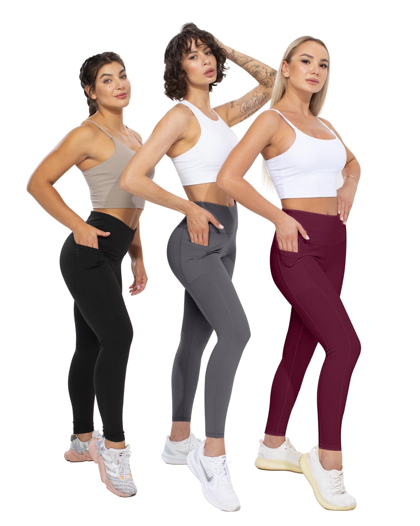 CHRLEISURE Leggings with Pockets for Women, High Waisted Tummy Control Workout Yoga Pants(5 Packs Black,Gray,Navy,Wine,JLGreen, L)