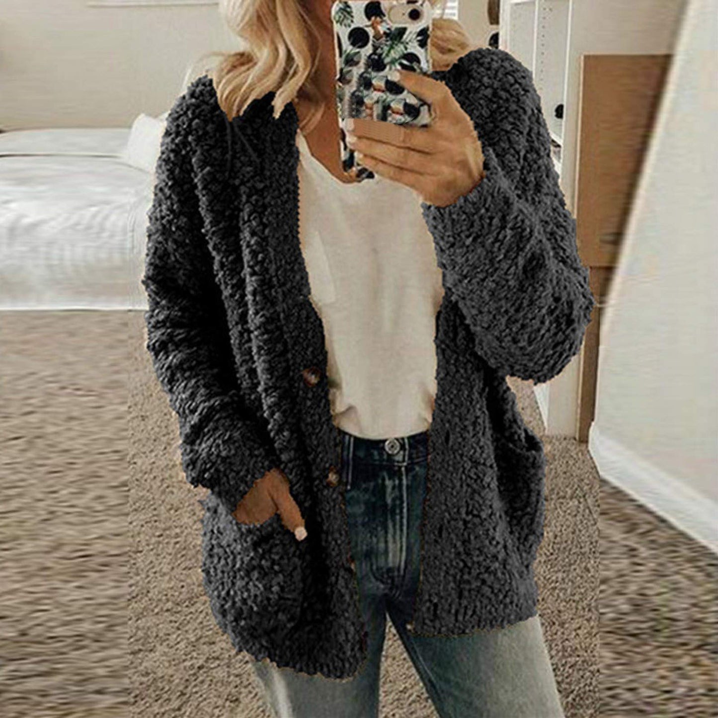 QianmianT Fleece Jacket Women Fuzzy Jacket Open Front Button Down Cardigan Sweater Winter Warm Casual Outerwear with Pockets