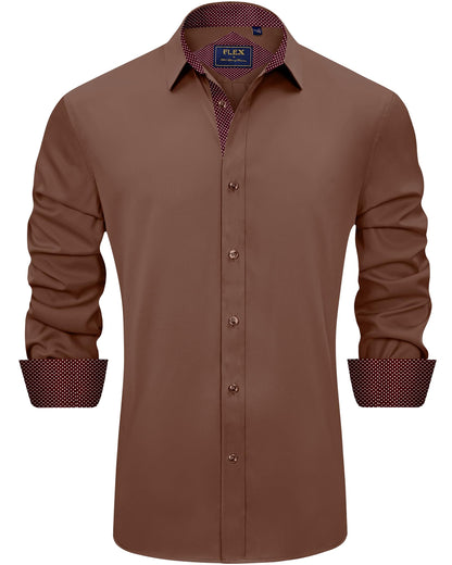 J.VER Men's Casual Long Sleeve Stretch Dress Shirt Wrinkle-Free Regular Fit Button Down Shirts Chocolate Brown