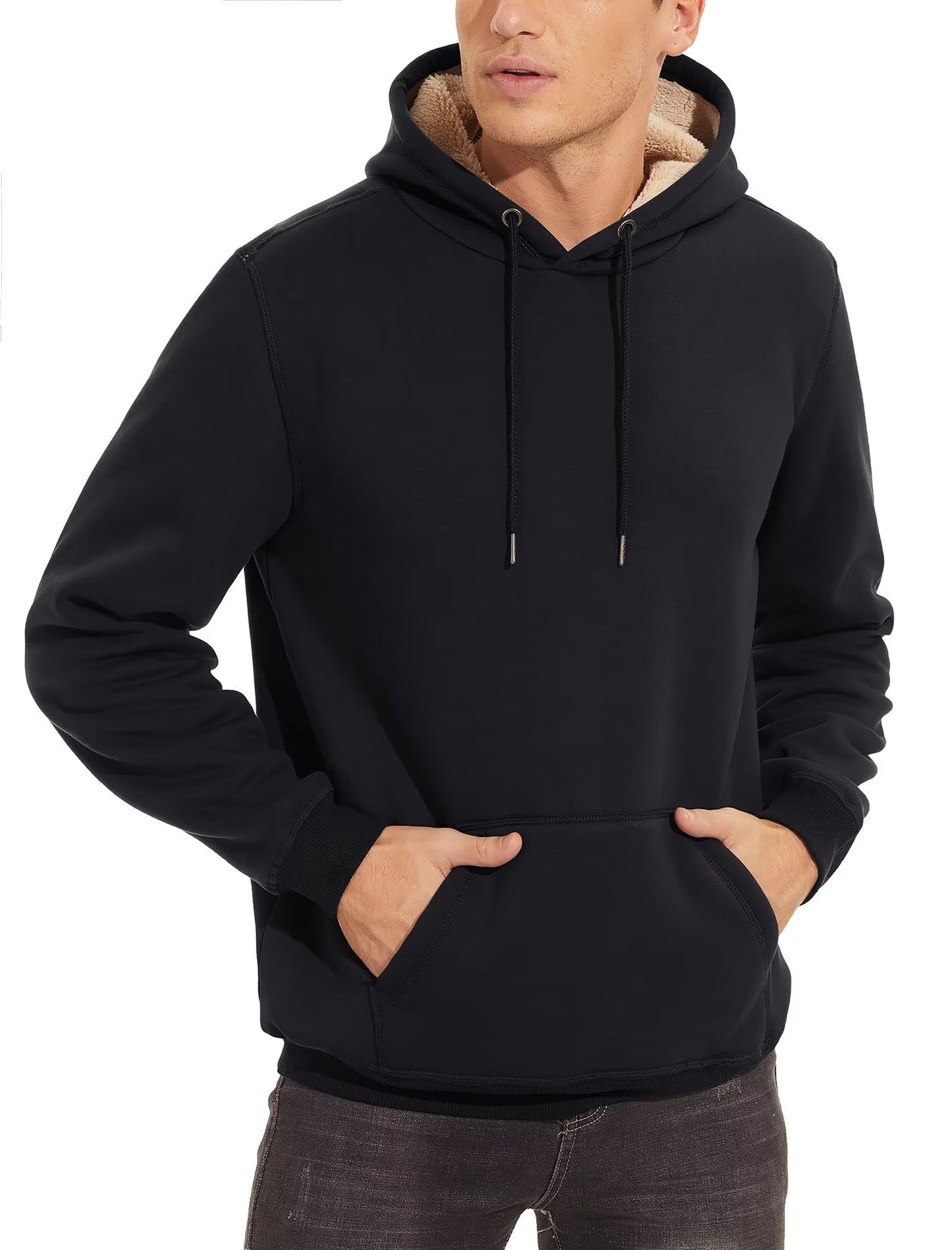 TACVASEN Plain Hoodies for Men Cotton Heavyweight Pullover Sweatshirts for Men Thermal Warm Winter Hooded Pullover Warm Fleece Sweatshirts for Men Gym Hoodies for Men Black