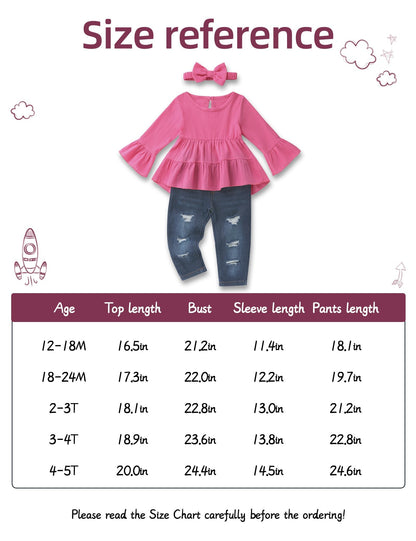 FoWear Toddler Girl Clothes Long Sleeve Ruffle Dress Top and Jeans Pants Toddler Girl Fall Outfits 4T Girl Clothes