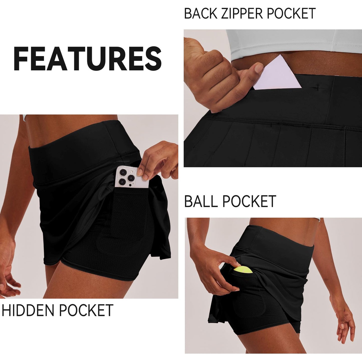 PINSPARK Tennis Skirt for Women Pleated Golf Skort with Short Pockets High Waisted Athletic Workout Exercise Skirts Pickleball Attire,Black XS