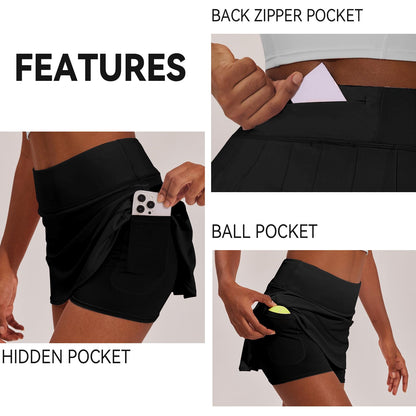 PINSPARK Tennis Skirt for Women Pleated Golf Skort with Short Pockets High Waisted Athletic Workout Exercise Skirts Pickleball Attire,Black XS