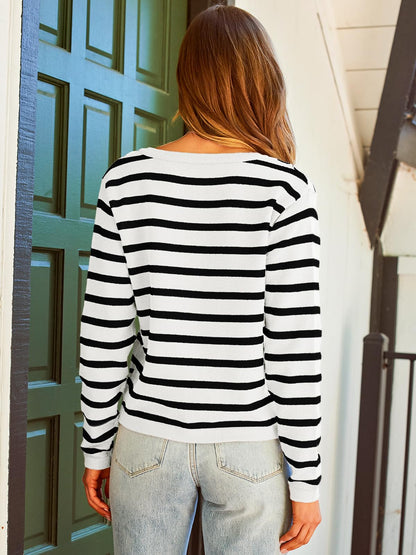 LILLUSORY Women's Striped Cardigan Sweaters Fall Outfits Clothes Fashion Trendy Long Sleeve Tops Casual Knit Lady Jackets White Black S