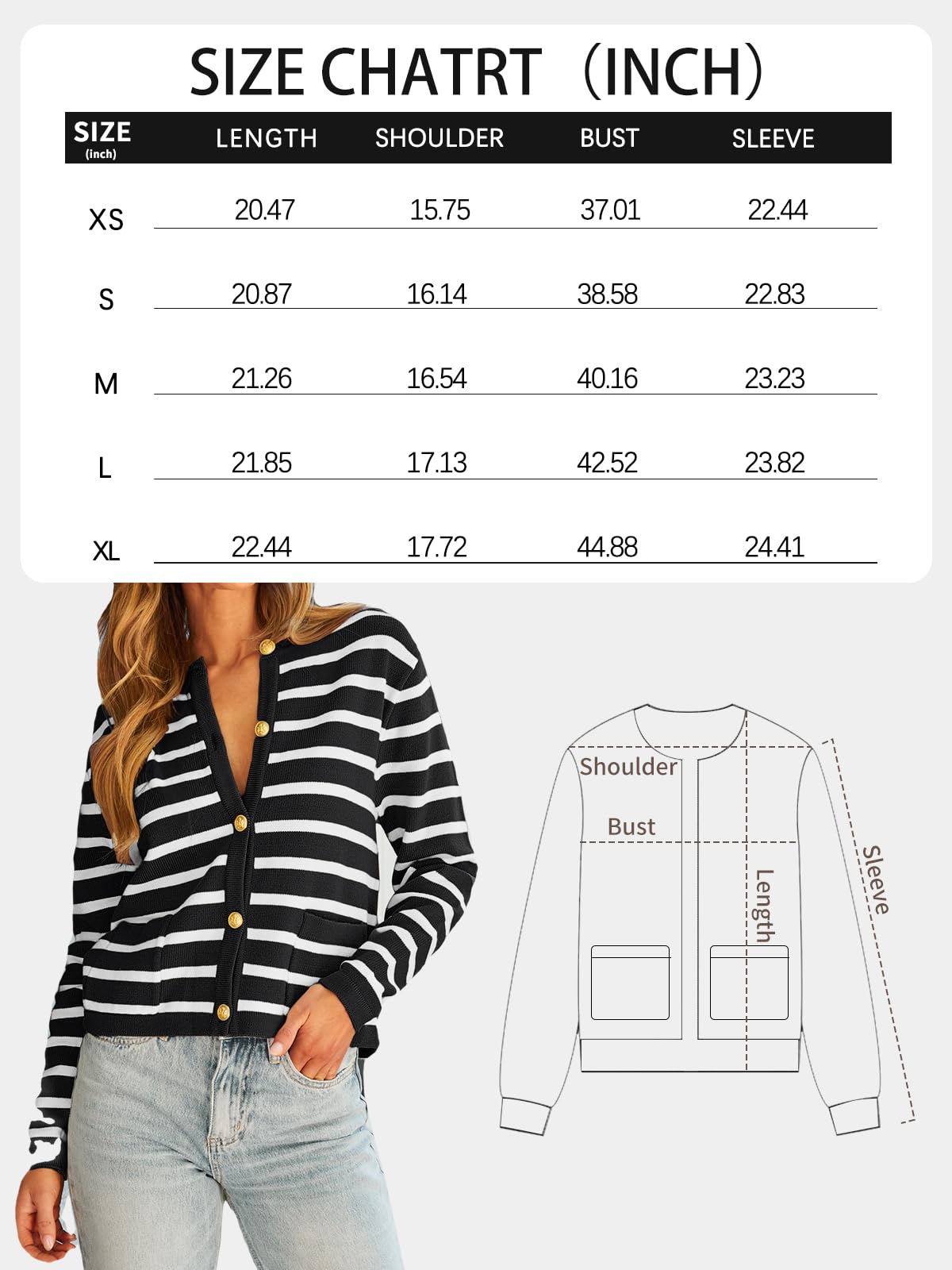 LILLUSORY Women's Striped Cardigan Sweaters Fall Outfits Clothes Fashion Trendy Long Sleeve Tops Casual Knit Lady Jackets White Black S