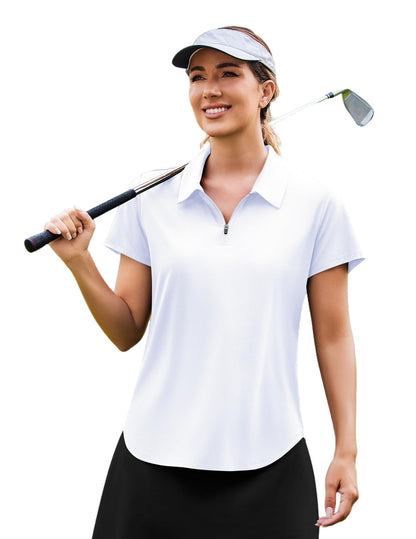 PINSPARK Womens Golf Shirt White Collared Shirt Quarter Zip Pullover Quick Dry Polo Shirts Stretchy Tennis Tops M