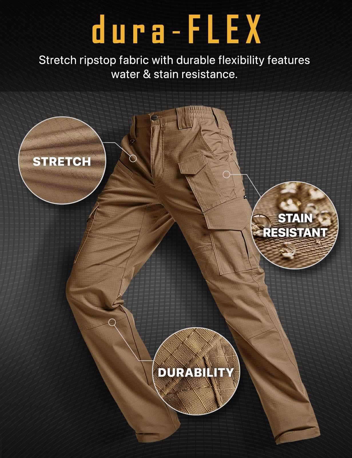 CQR Men's Flex Ripstop Tactical Pants, Water Resistant Stretch Cargo Pants, Lightweight EDC Hiking Work Pants, Marksman Cougar, 40W x 30L