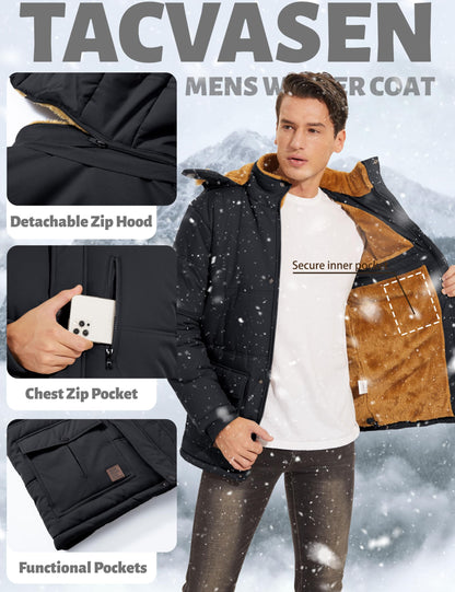 TACVASEN Men's Winter Jacket with Hood Water Repellent Windproof Fleece Parka Coat For Men Black, L