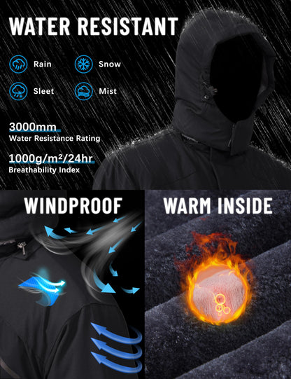 TACVASEN Winter Jacket for Men Fleece Jacket Ski Coat Snowboarding Warm Jacket Winter Parka for Men Hooded Water Resistant Rain Coat Tactical Jacket