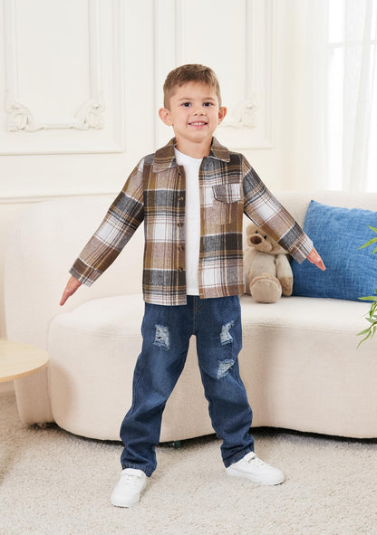 FoWear Toddler Boy Clothes 3Pcs Long Sleeve Flannel Button Down Plaid Shirt+White T-shirt+Pants 5T Boy Clothes Fall/Winter