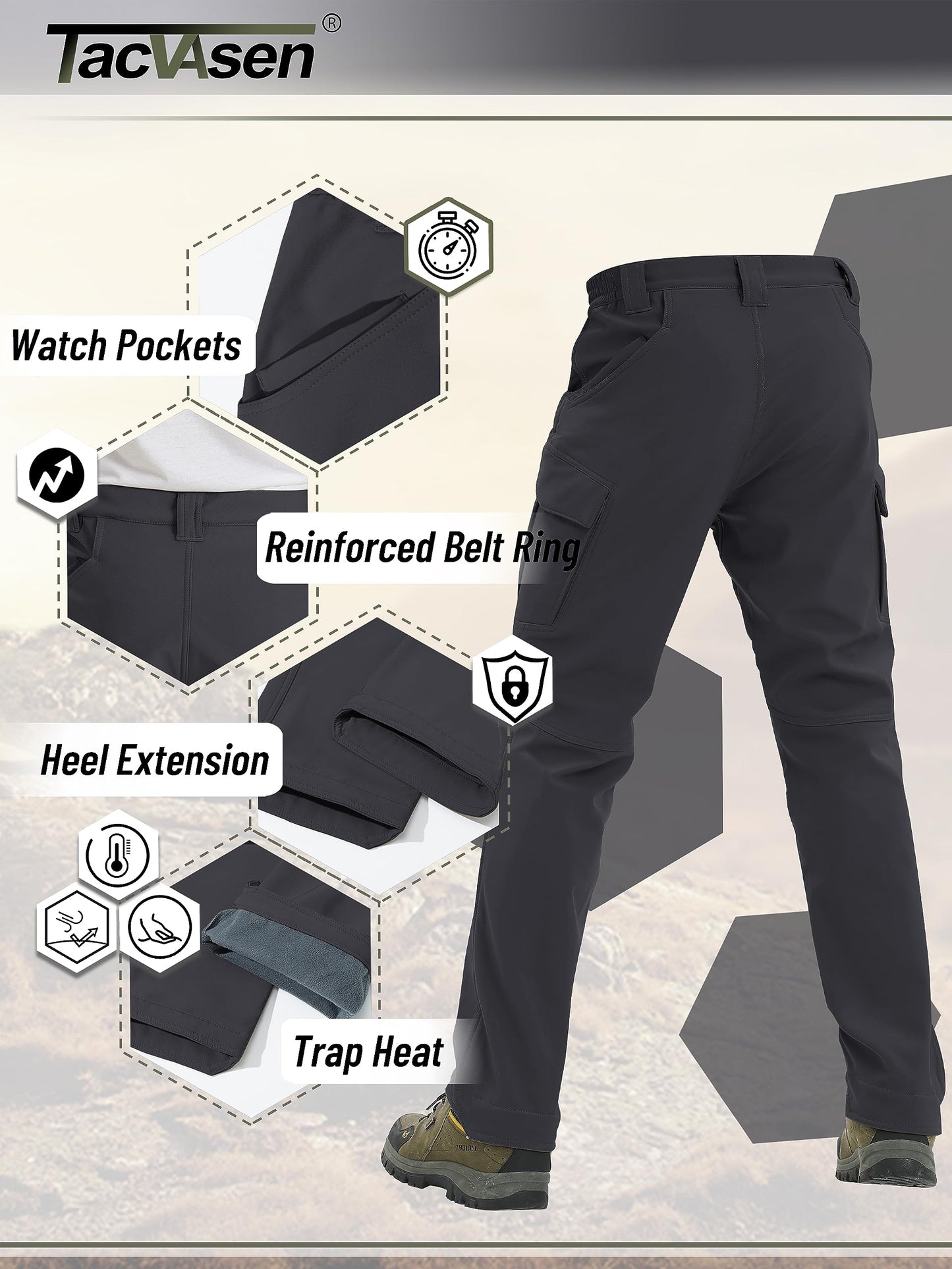 TACVASEN Men's Cargo Hiking Pants Thermal Insulated Water Resistant Softshell Winter Pants for Men Ski Tactical Thick Pants Construction Work Pants Black