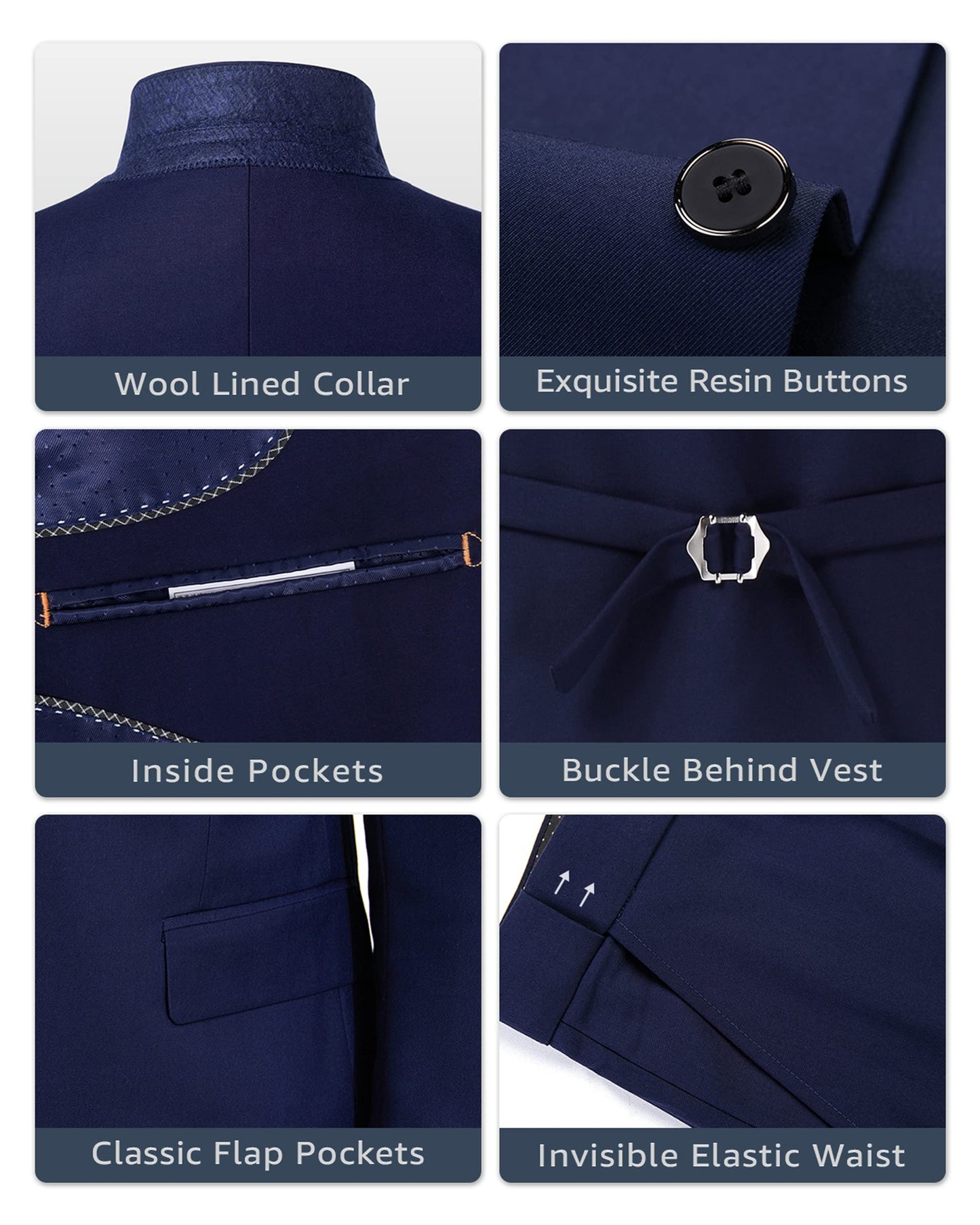 MY'S Men's 3 Piece Slim Fit Suit Set, One Button Solid Jacket Vest Pants with Tie Deep Blue