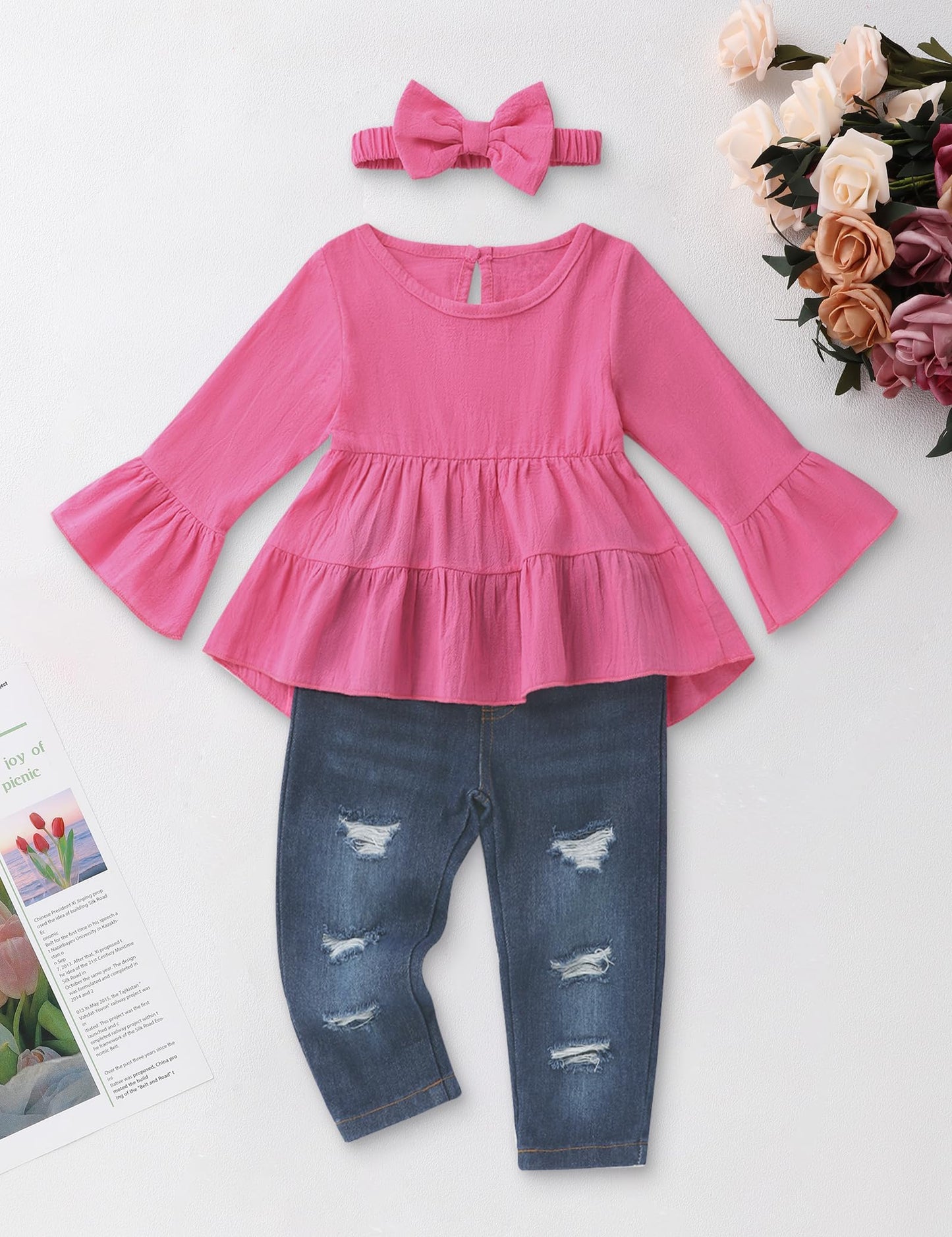 FoWear Toddler Girl Clothes Long Sleeve Ruffle Dress Top and Jeans Pants Toddler Girl Fall Outfits 4T Girl Clothes