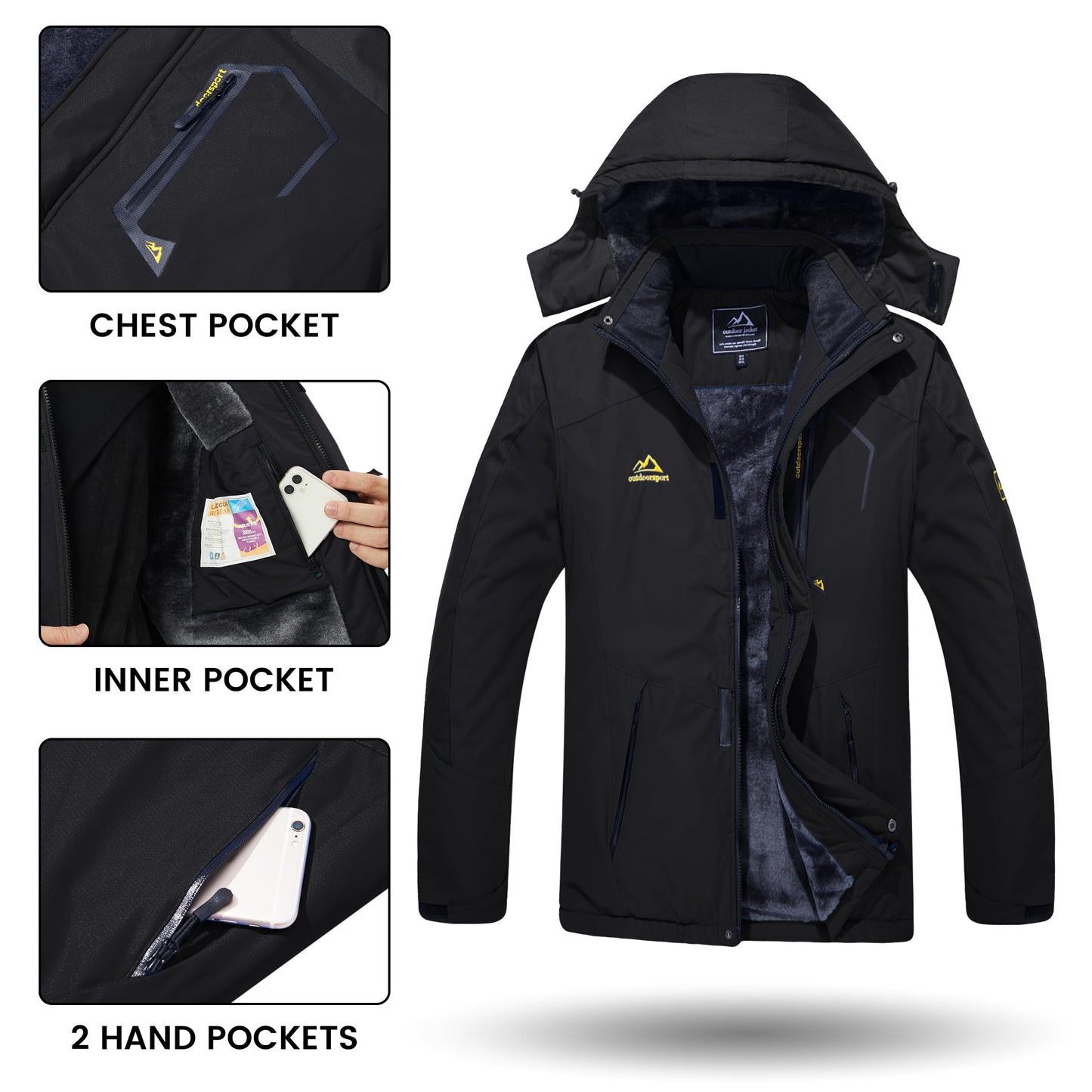 TACVASEN Winter Jacket for Men Fleece Jacket Ski Coat Snowboarding Warm Jacket Winter Parka for Men Hooded Water Resistant Rain Coat Tactical Jacket