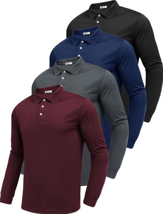 PINSPARK 4 Pack Men's Long Sleeve Golf Shirts Breathable Casual Collared Polo Lightweight Quick Dry Tactical Outdoor Shirts