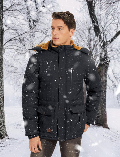 TACVASEN Men's Winter Jacket with Hood Water Repellent Windproof Fleece Parka Coat For Men Black, L