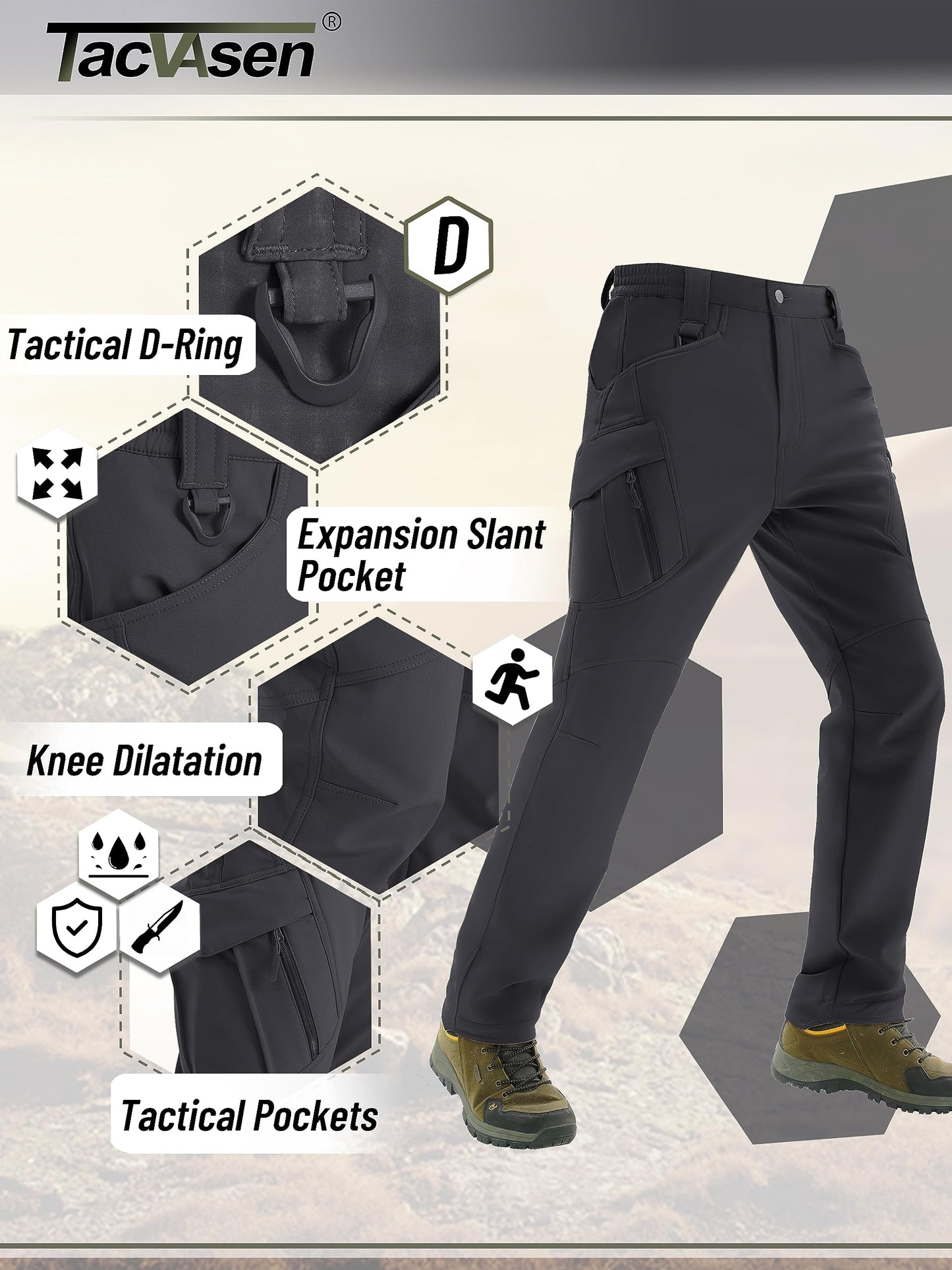 TACVASEN Men's Cargo Hiking Pants Thermal Insulated Water Resistant Softshell Winter Pants for Men Ski Tactical Thick Pants Construction Work Pants Black