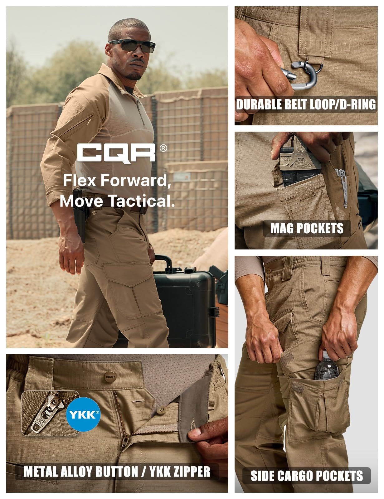 CQR Men's Flex Ripstop Tactical Pants, Water Resistant Stretch Cargo Pants, Lightweight EDC Hiking Work Pants, Marksman Cougar, 40W x 30L