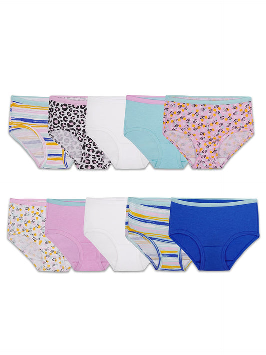 Fruit of the Loom Girls' Big Tag Free Cotton Brief Underwear Multipacks, Brief-10 Pack-White/Stripes/Animal Print, 10