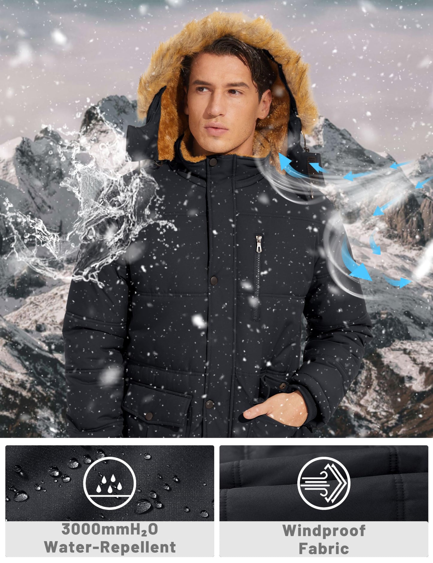 TACVASEN Men's Winter Jacket with Hood Water Repellent Windproof Fleece Parka Coat For Men Black, L