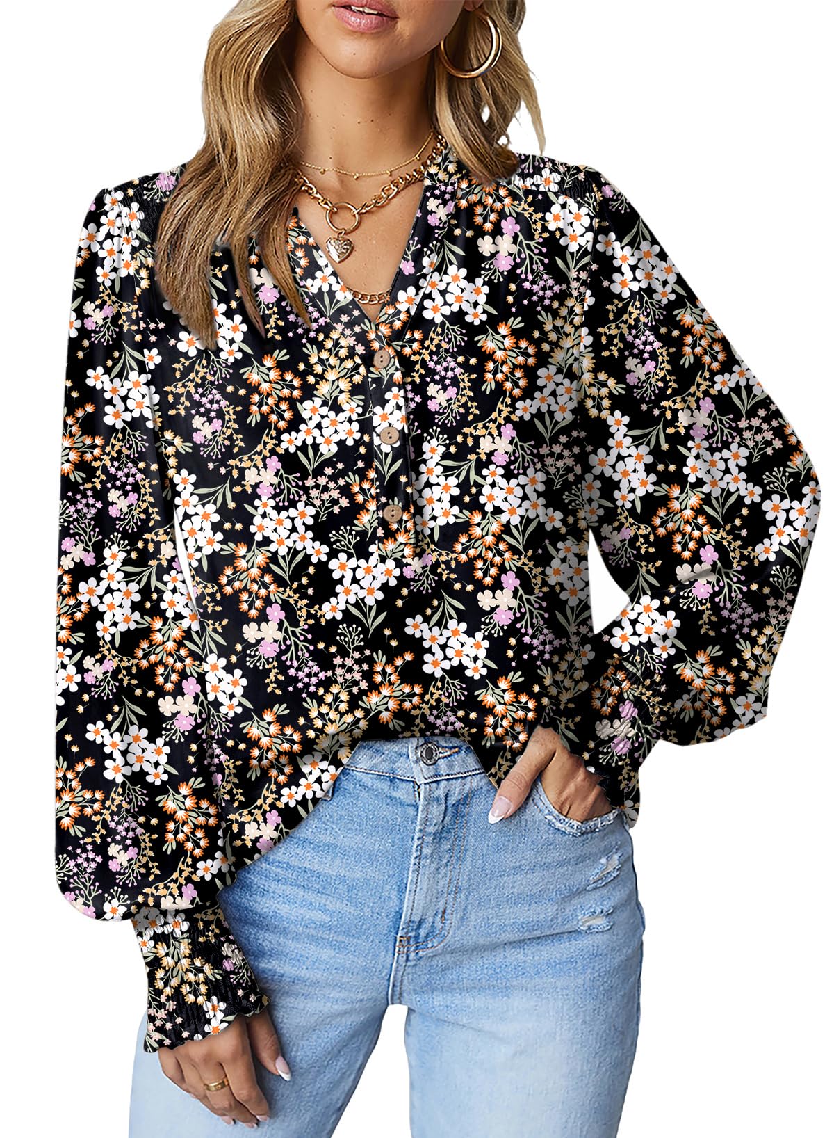 Dokotoo Womens Juniors Summer Tops 2024 Fashion Trendy Casual Dressy Fall Long Sleeve Smocked Button Down T Shirts Easel Flower Print V Neck Business Work Tunic Bohemian Floral Top Medium Black