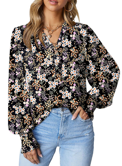 Dokotoo Womens Juniors Summer Tops 2024 Fashion Trendy Casual Dressy Fall Long Sleeve Smocked Button Down T Shirts Easel Flower Print V Neck Business Work Tunic Bohemian Floral Top Medium Black