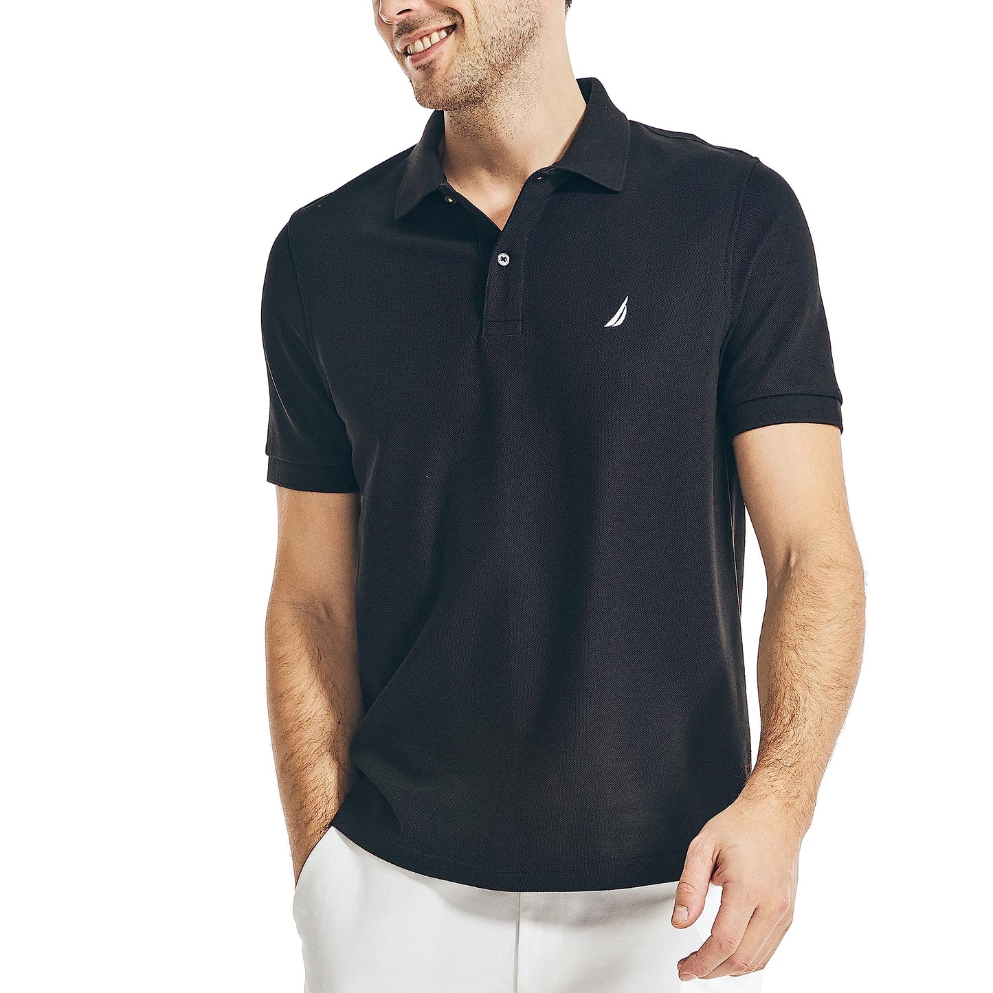 Nautica Men's Short Sleeve Solid Deck Polo Shirt, True Black, Large